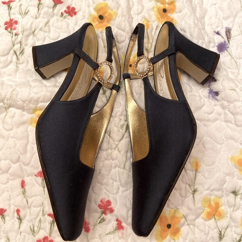 Dolce Gold by Pierre Heels Rhinestones Orlando Black Ankle Strap Elegant WM SZ 8